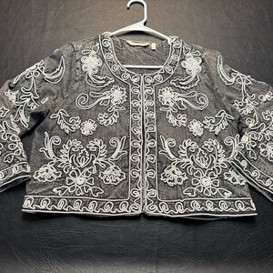 Soft Surroundings Embroidered Cropped Jacket Gray Cotton Boho Size L